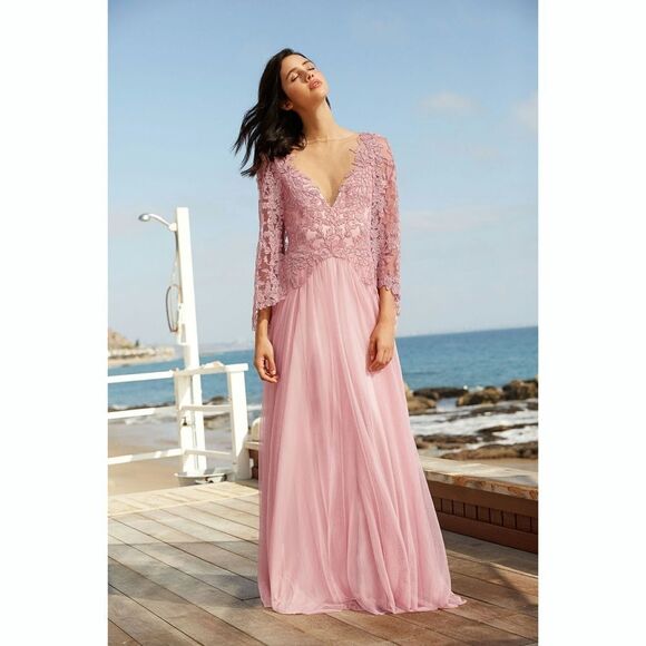 New! TADASHI SHOJI Women's Embroidered Lace Cape Gown Dress Rose Quartz Pink 4 - Picture 4 of 7